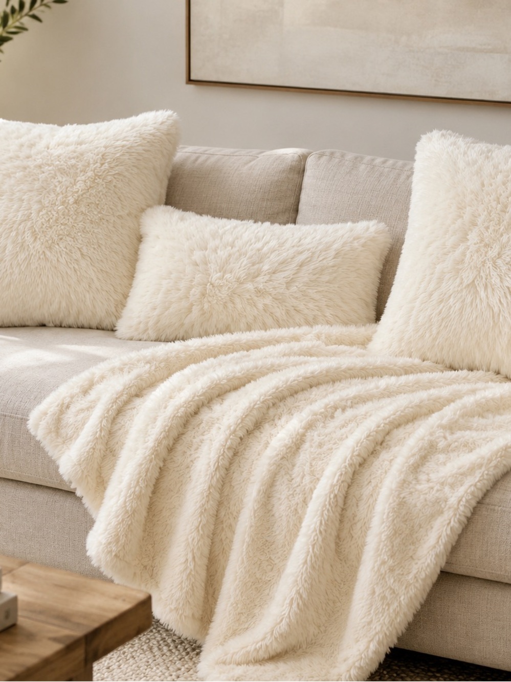 Scandinavian Designs White Rorik Faux Fur Throw & 3 Pillow Covers Bundle Set